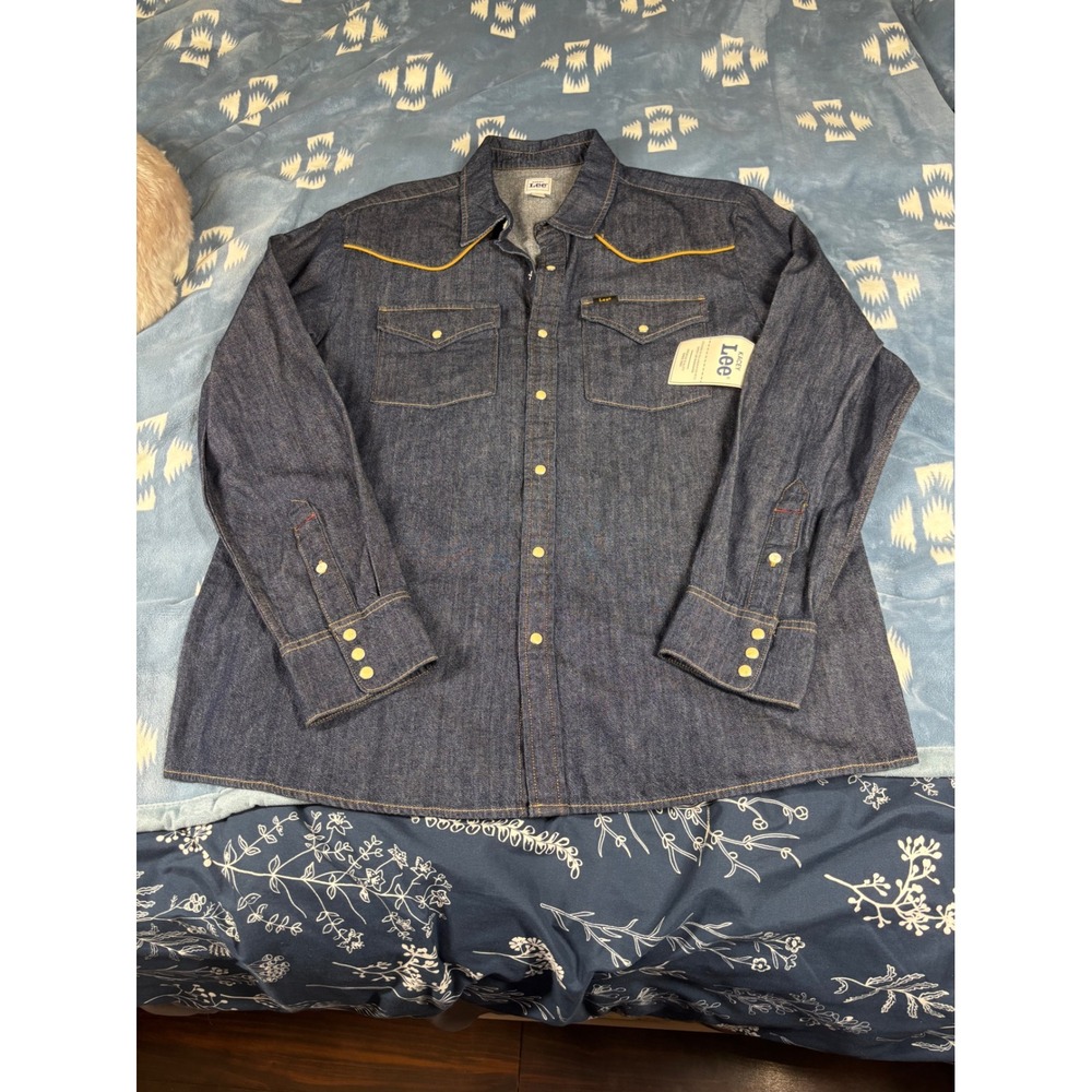 Lee x Kacey Musgraves Men L Dark Wash Denim Western Snap Shirt Yellow Piping NEW
